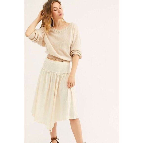 NEW FREE PEOPLE FP BEACH Sz S EVELYNE MIDI SKIRT COTTON ASYMMETRICAL HEM IVORY - Picture 1 of 3